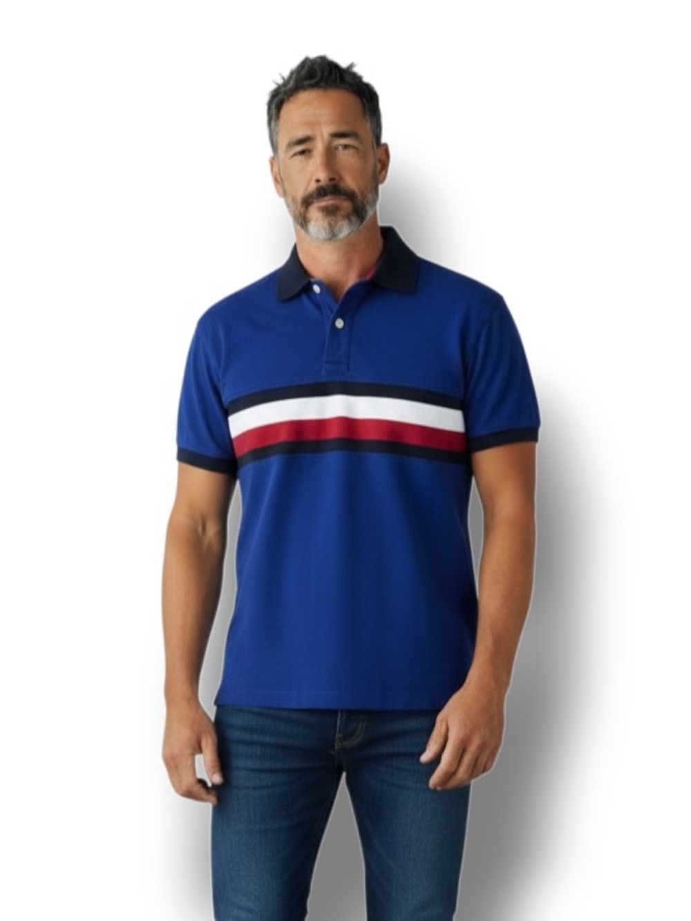 Tommy Hilfiger Mens Short Sleeve Polo Shirt Blue Red/White/Black Chest Stripes L